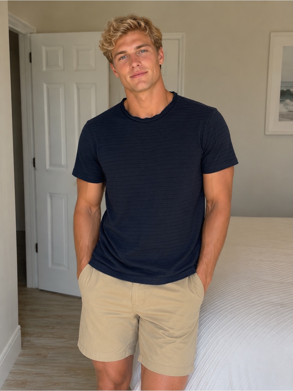 Armani Collezioni Men's Navy Short-Sleeve Textured Crewneck